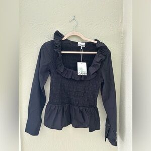 GANNI Black Cotton Poplin Open-neck Smock Blouse